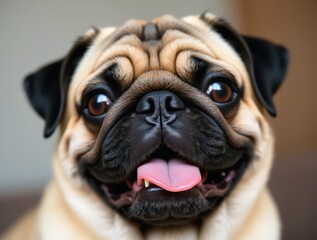 Close-up of Adorable Pug Sticking Out Tongue and Panting Happily
