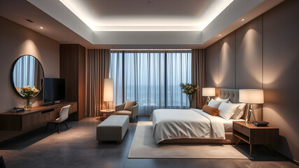 Experience modern elegance with this captivating photo showcasing a hotel interior designed in a minimalist and aesthetic style that create a serene and inviting atmosphere. Generative AI