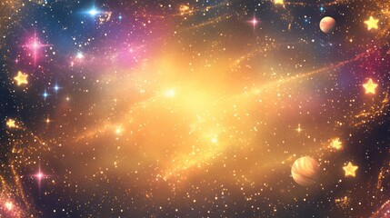 Obraz premium A galaxy frame with glowing stars and planets, set against a golden cosmic dust field shimmering with light