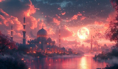 Fototapeta premium Stunning Fantasy Landscape with Glowing Moon Vibrant Pink Clouds Serene River and Majestic City with Domes and Minarets