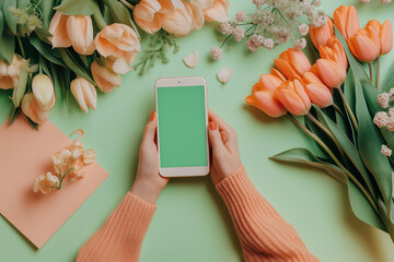 A woman is holding a tablet with a green screen on it