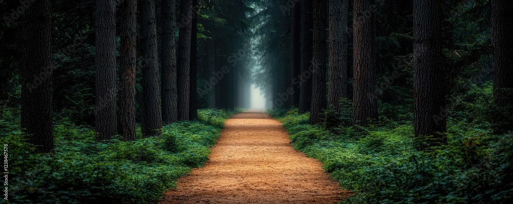Poster Misty forest nature idea. A serene forest path illuminated by soft light through tall trees.