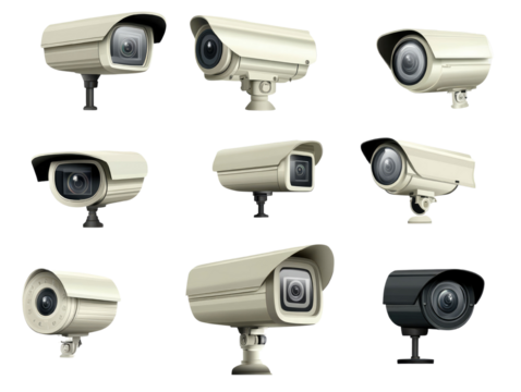 Set of CCTV camera isolated on transparent background.