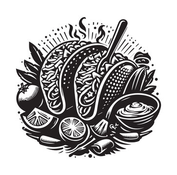 black and white tacos with ingredients clip art preview