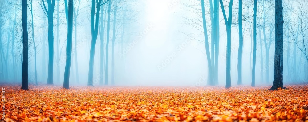 Poster misty forest nature idea. misty forest landscape with vibrant autumn leaves and soft light creating 