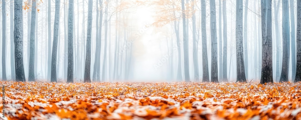 Aufkleber Misty forest nature idea. A tranquil autumn forest scene with misty trees and fallen leaves creating a serene atmosphere.