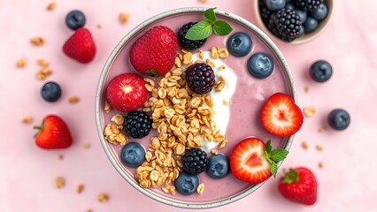 Bowl of granola with yogurt and berries for healthy breakfast.