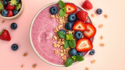 Bowl of granola with yogurt and berries for healthy breakfast.