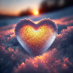Fototapeta premium Close-up view of a heart-shaped object, seemingly made of glass or a similar translucent material, resting in a bed of snow. 