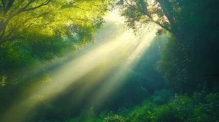 Fototapeta premium Sunbeams Illuminate Lush Green Forest Canopy