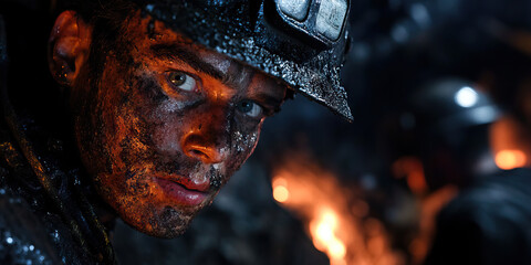 Close-up Portrait of Coal Miner with Headlamp