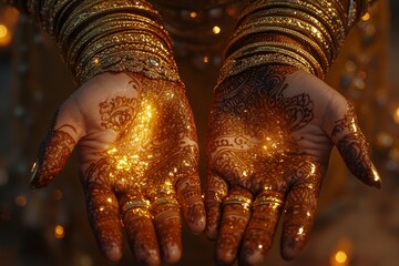 Golden Henna Hands, Wedding Ceremony, Glitter, Festive