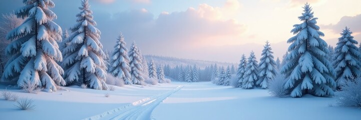 Fototapeta premium A peaceful snowy landscape with a frozen forest and snow-covered trees, frosty, quiet