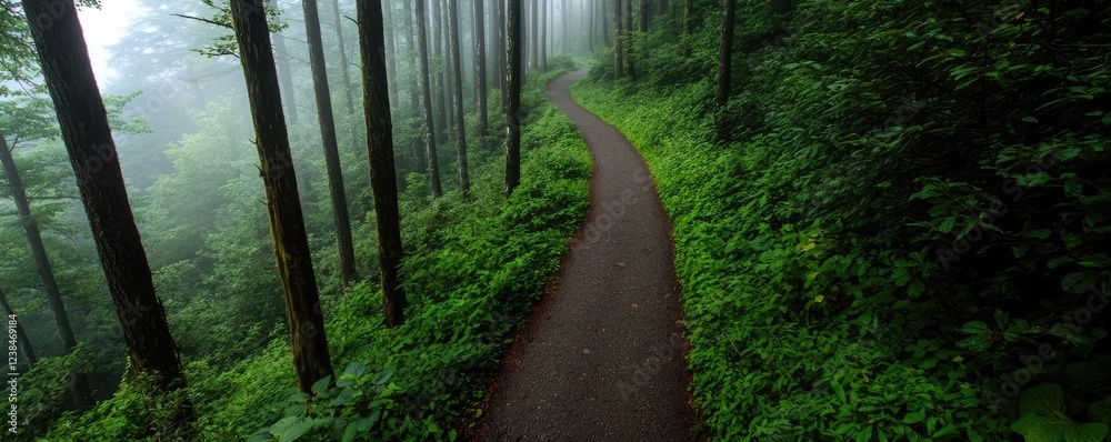 Poster misty forest nature idea. a serene path winding through a misty forest filled with lush greenery.