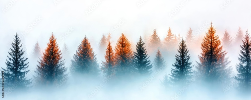 Poster misty forest nature idea. misty forest landscape with tall trees and autumn colors, creating a seren