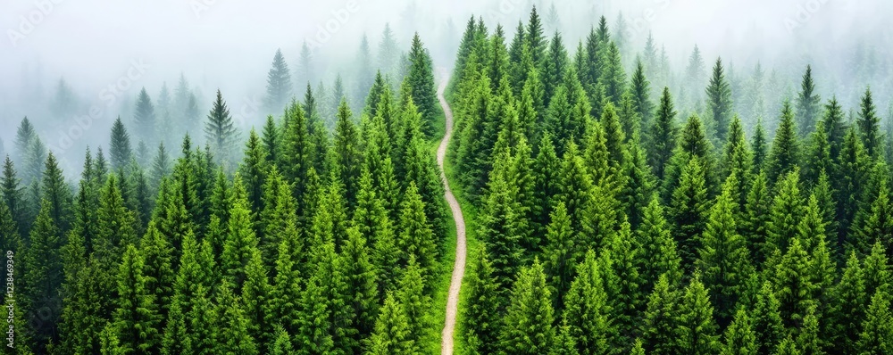 Poster misty forest nature idea. lush green forest landscape with dense trees and winding path through mist