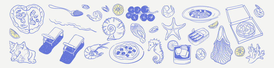 Summer naive doodle collection. Italian Dolce Vita Vacation Vector Illustration. Coastal Lifestyle. Elegant elements for wedding, party, invitations. Minimalistic hand drawn seashells, food, drinks.