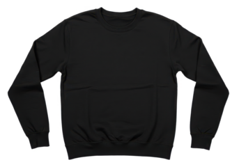A plain black sweatshirt laid flat, isolated on a white background