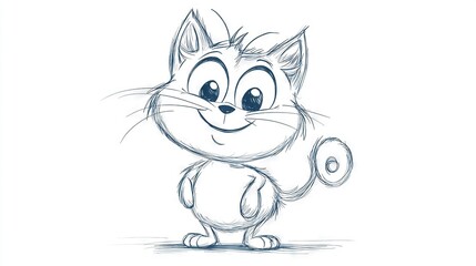 Obraz premium A sketch of a feline with large eyes grinning, positioned against a pure backdrop