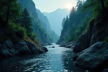 Dark and mysterious river with steep canyon walls, Wilderness, Forest, Shadows
