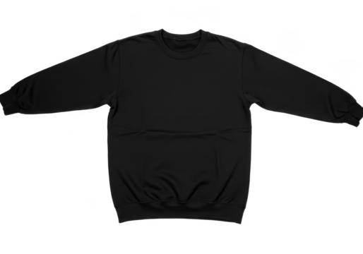 A plain black sweatshirt laid flat, isolated on a white background