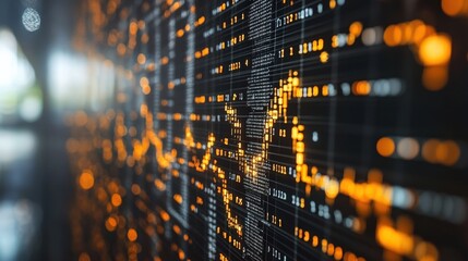Abstract digital data visualization with glowing orange lines representing financial trends and analysis