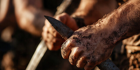 Close-up of Dirt-Covered Hands Holding a Pointed Metal Tool