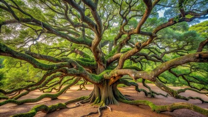 A stunning aerial view of the majestic Angel Oak Tree's sprawling branches and roots, showcasing its massive size and ancient history, architecture, panoramic view