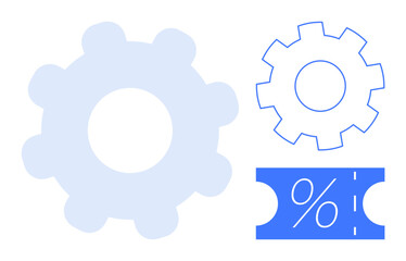 Gears and a discount ticket represent efficiency, cost-cutting, and savings. Ideal for business strategy, technology, manufacturing, productivity, automation marketing and finance. Abstract line