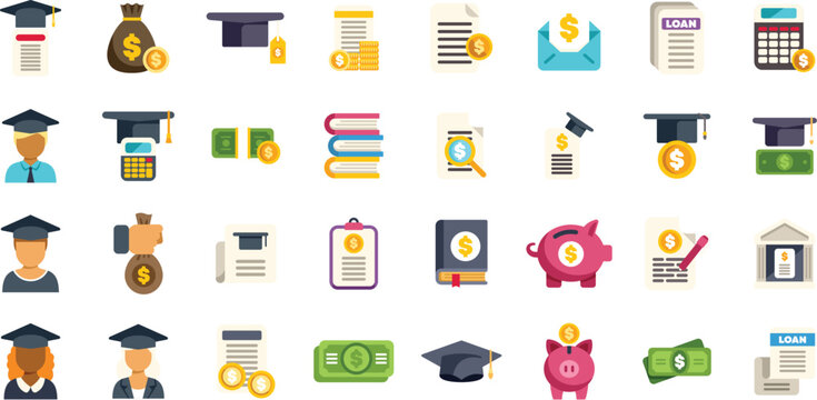 Set of icons representing student loan, financial aid, scholarship, education expenses and grant