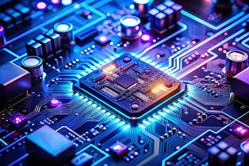 Fototapeta premium Blue and Purple Tech Circuitry with Glowing Electronics - Innovation Concept