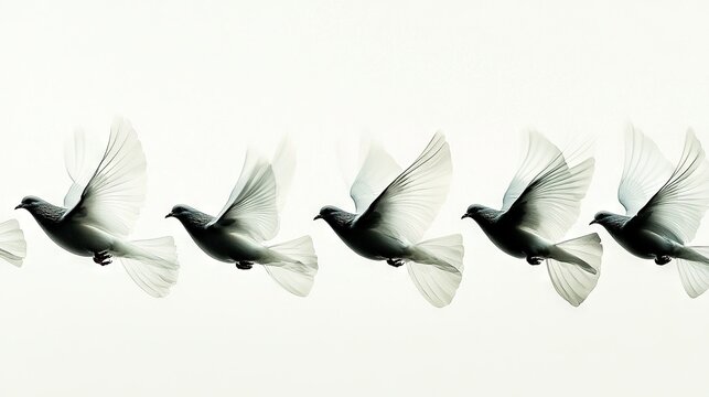   A group of birds soaring through the sky with one bird in the foreground and another in the background