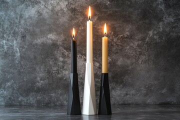 Modern taper candle set with geometric stand showcasing chic design and contrasting colors for stylish home decor enthusiasts. Ideal for ambiance and elegance in any space