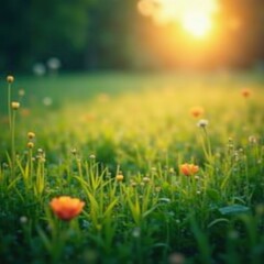 Obraz premium peaceful meadow scene at dawn with soft focus and glowing teal lights, golden, serene