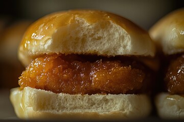 Close-up of a delicious honey-glazed bun sandwich with a sweet, golden filling.