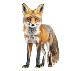 A fox standing with a detailed coat and sharp features, isolated on a white background.