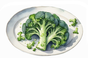 Watercolor illustration with fresh green broccoli on a plate on a white background. Healthy eating, vegetarianism, cabbage, weight loss products.