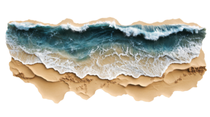 Turquoise ocean waves crashing on sandy beach with transparent background