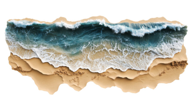 Turquoise ocean waves crashing on sandy beach with transparent background