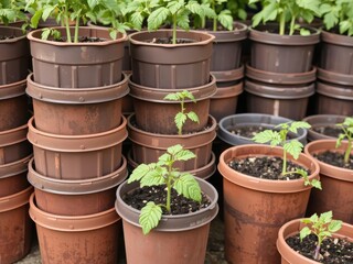 Fototapeta premium Stack of plastic pots with tomato seedlings ready for planting, nursery organization, row layout