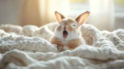 Obraz premium Sleepy Bunny in Cozy Blanket: An adorable orange and white bunny rabbit yawns widely while nestled in a soft, chunky knit blanket, bathed in the warm morning sunlight.