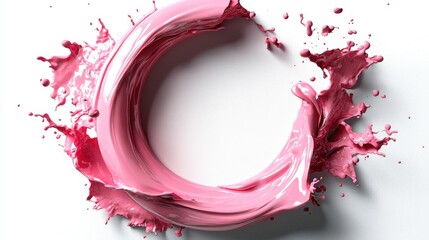 Captivating swirl of vibrant pink paint splashes, forming a dynamic circular motion on a clean white background. Perfect for creative design.