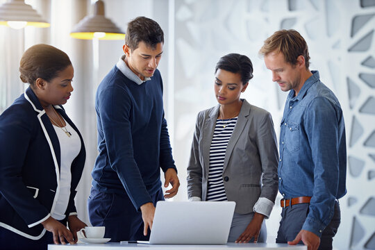 Business people, reading or laptop in meeting for planning, discussion or budget review for growth. Teamwork, research or technology for online info for startup project capital or social development