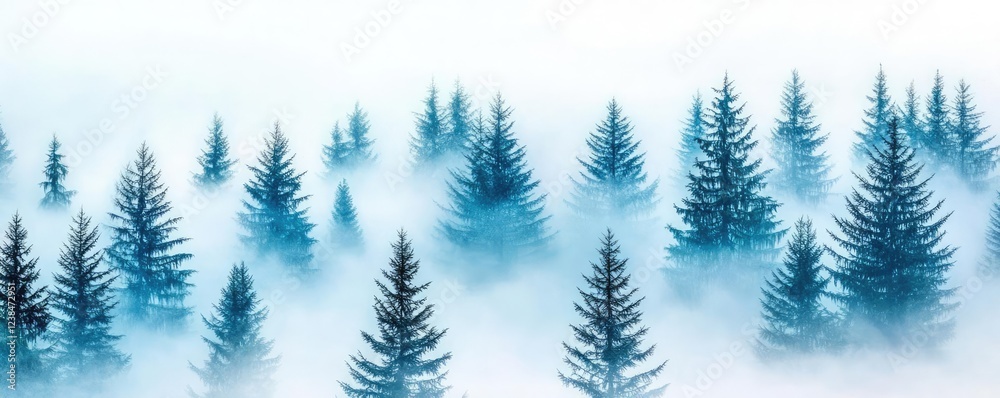Poster misty forest nature idea. a serene landscape filled with tall evergreen trees shrouded in mist and t