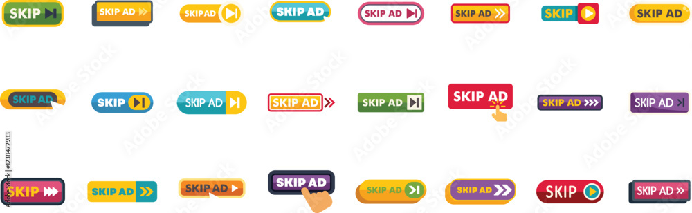 Poster colorful set of skip ad buttons, enabling users to bypass online advertisements