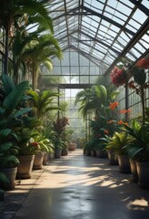 Fototapeta premium stunning greenhouse with exotic plants and tropical atmosphere, natural, botanical
