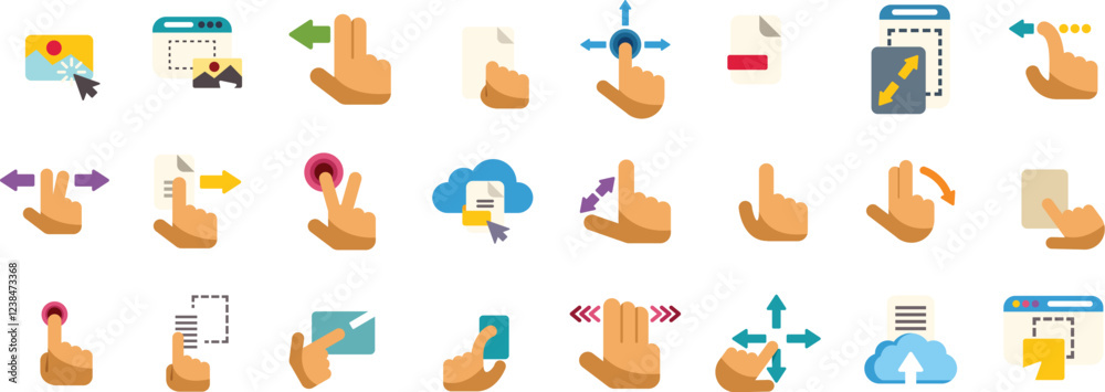 Poster set of icons representing different hand gestures interacting with touch screens, performing actions