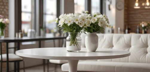Stylish white coffee table topped with a vase of fresh flowers in a modern coffee shop interior, attractive, botanical, hospitality