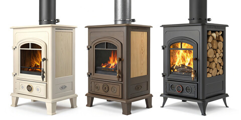 A Collection of Wood Burning Stoves Isolated for Cozy Winter Settings