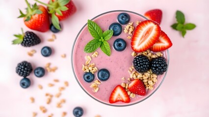 Bowl of granola with yogurt and berries for healthy breakfast.